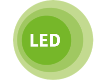 Ein grüner Kreis mit dem Wort „LED“ in Weiß, umgeben von zwei helleren grünen konzentrischen Ringen, die einen Leuchteffekt erzeugen.