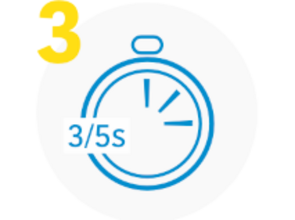 Abbildung einer blauen Stoppuhr mit einem teilweise gefüllten Zähler auf einem weißen Kreis. Oben links befindet sich die gelbe Zahl „3“, und über der Stoppuhr zeigt ein kleines Textfeld „3/5 s“ an.
