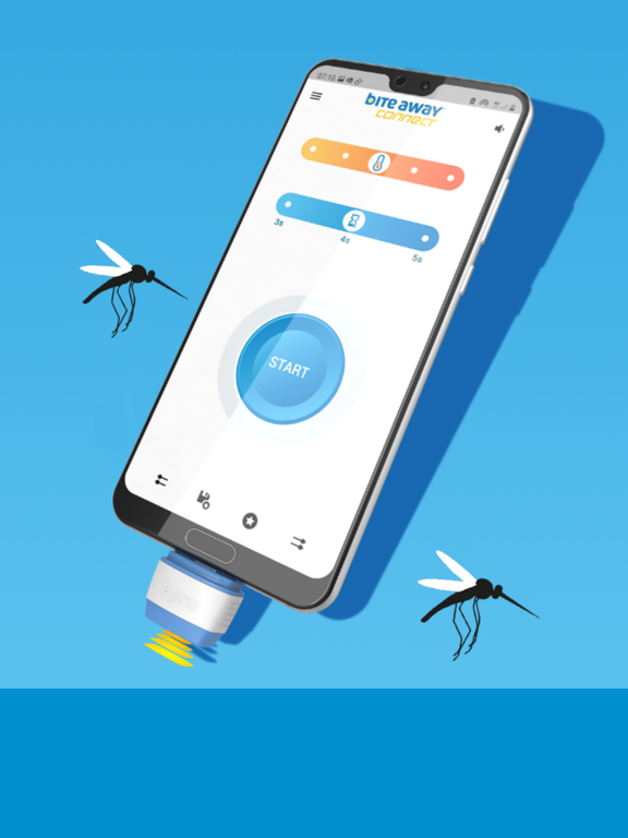 Ein Smartphone zeigt die Oberfläche einer Mückenschutz-App mit Starttaste. Zwei abgebildete Mücken fliegen vor blauem Hintergrund in der Nähe des Telefons.